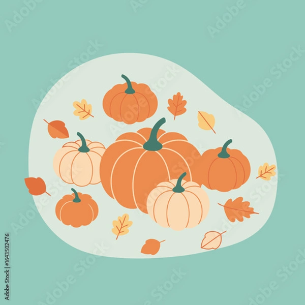 Fototapeta Autumn pumpkins in various shades of orange and cream, with falling leaves, displayed against a soft teal background. A collection of pumpkins and leaves in a stylized illustration.