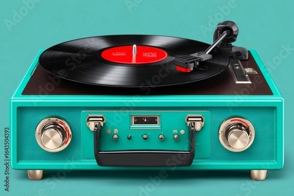 Obraz Retro portable record player playing vinyl record on turquoise background