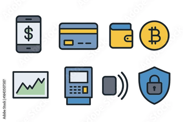 Fototapeta Various digital payment icons illustrating modern finance technology and services suitable for online transactions and currency management