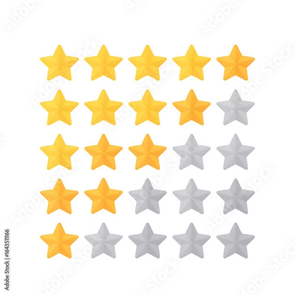 Fototapeta Star rating set with five rows of gold and gray stars on transparent background