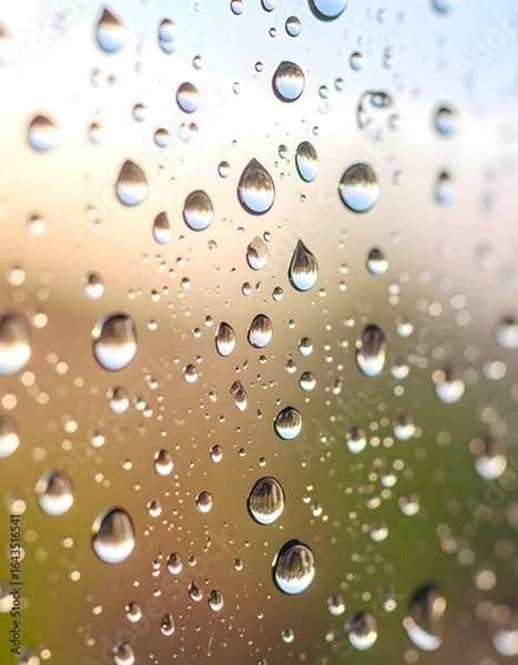 Fototapeta Transparent Raindrops Reflecting Light and Nature on a Glass Surface