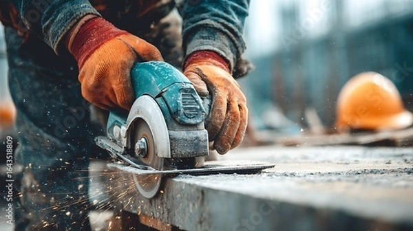 Obraz Working Craftsman Using Circular Saw on Construction Site with Sparks Flying