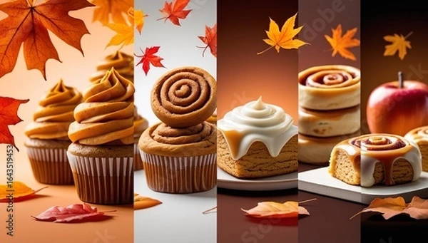 Fototapeta Colorful fall-themed promo design with pumpkin spice cupcakes, maple cookies, cinnamon rolls, caramel apple desserts, floating autumn leaves, and striking typography for a festive seasonal campaign.