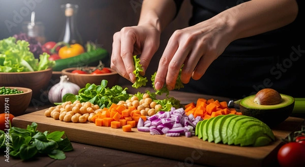 Fototapeta Preparing a fresh salad with various colorful vegetables on a wooden cutting board in a dark kitchen