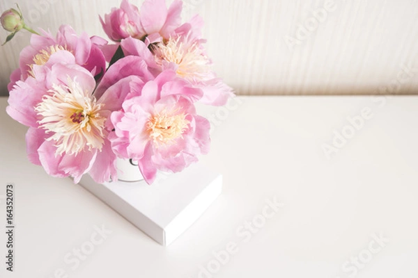 Fototapeta Bouquet of peonies,  photo in gentle colors. Good morning. Have a nice day! Place for text
