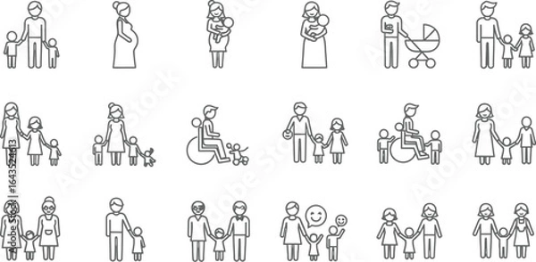 Fototapeta Social unit family outline icons. Single parent, kids icon editable vector illustration. Parenting family drawing line icon set