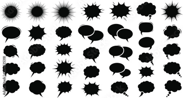 Fototapeta Comic book pop starburst speech bubbles editable icons. Black comic burst flat, bubble talk shapes. Thought cartoon word bubbles icon set vector illustration 