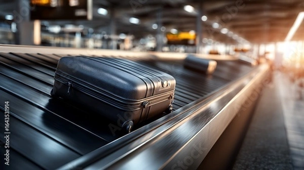 Obraz Traveling with Black Suitcase on Conveyor Belt at Airport During Sunset