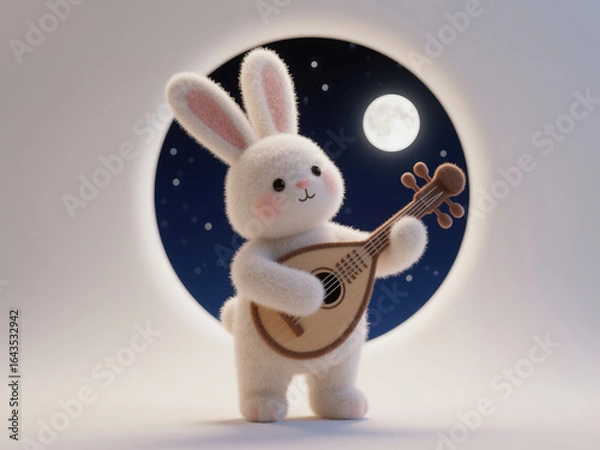 Obraz Enchanting Mid-Autumn Night: Adorable Rabbit Playing Pipa on Moonlit Beach. Creative 3D Illustration with Felt Texture for Commercial Backgrounds, Storytelling, and Cultural Celebrations. Whimsical De