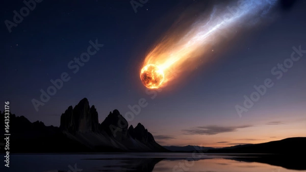 Obraz A meteor streaks across the night sky over a mountain range and lake