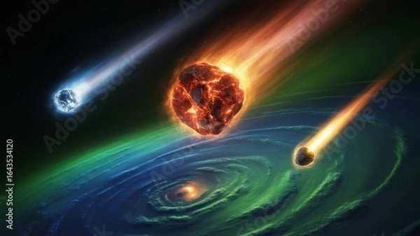 Obraz Three asteroids hurtle through space towards a planet in a cosmic collision