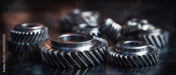 Fototapeta The collection of intricate metallic gears arranged artistically on a workbench.