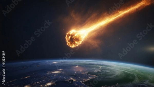 Obraz An asteroid hurtles towards earth, leaving a fiery trail in the atmosphere