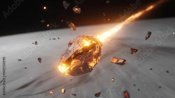 Obraz Fiery asteroid hurtling through space with a trail of burning debris