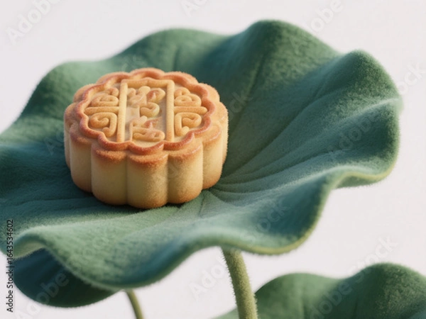 Obraz Creative 3D Illustration: Mid-Autumn Festival Mooncake on Lotus Leaf. Abstract Commercial Background with Felt Texture for Holiday Concepts. Innovative Design Element for Cultural Celebrations, Market