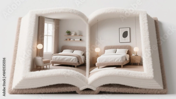 Obraz Creative 3D Illustration: Open Book Revealing Modern Bedroom - Abstract Commercial Background with Felt Texture. Innovative Design for Posters, Book Covers, and Interior Concepts. Blending Literature 