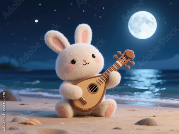 Obraz Enchanting Mid-Autumn Night: Adorable Rabbit Playing Pipa on Moonlit Beach. Creative 3D Illustration with Felt Texture for Commercial Backgrounds, Storytelling, and Cultural Celebrations. Whimsical De