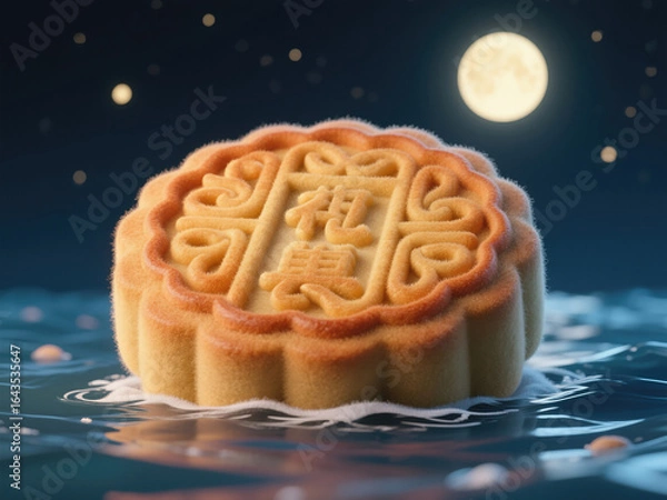 Obraz Surreal Mid-Autumn Festival Concept: Giant Mooncake Floating on Moonlit Sea. Creative 3D Illustration with Felt Texture for Commercial Backgrounds, Storytelling, and Cultural Celebrations. Innovative 