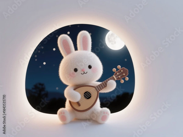 Obraz Enchanting Mid-Autumn Night: Adorable Rabbit Playing Pipa on Moonlit Beach. Creative 3D Illustration with Felt Texture for Commercial Backgrounds, Storytelling, and Cultural Celebrations. Whimsical De