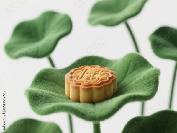 Obraz Creative 3D Illustration: Mid-Autumn Festival Mooncake on Lotus Leaf. Abstract Commercial Background with Felt Texture for Holiday Concepts. Innovative Design Element for Cultural Celebrations, Market