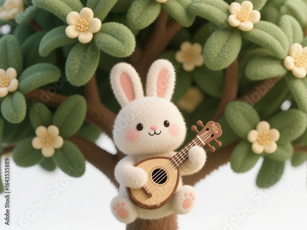 Obraz Whimsical Forest Melody: Adorable Rabbit Playing Pipa in 3D Felt-Textured Illustration. Creative Animal Art for Children's Books, Posters, and Healing Designs on White Background. Enchanting Storytell