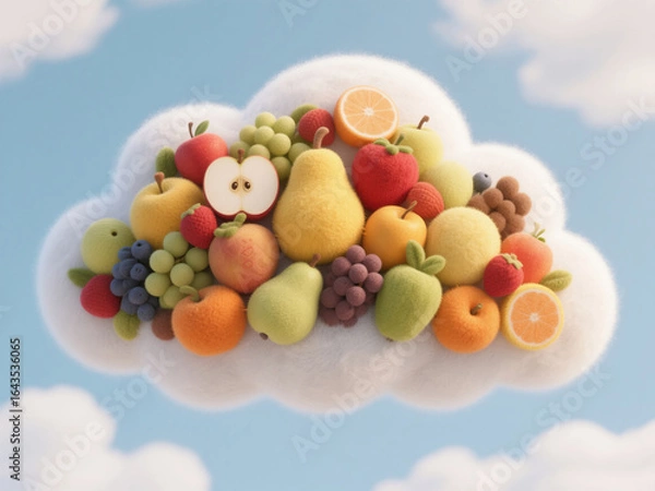 Obraz Floating Fruit Cloud: Innovative 3D Illustration for Organic Agriculture. Creative Felt-Textured Design with Fruit-Shaped Cloud in Sky. Ideal for Commercial Ads, Book Covers, and Wellness Campaigns on