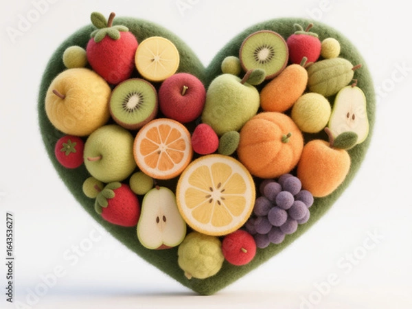 Obraz Organic Fruit Heart: Creative 3D Illustration for Agriculture and Healthy Living. Innovative Felt Texture Design Showcasing Heart-Shaped Fruit Arrangement on White Background. Perfect for Commercial A