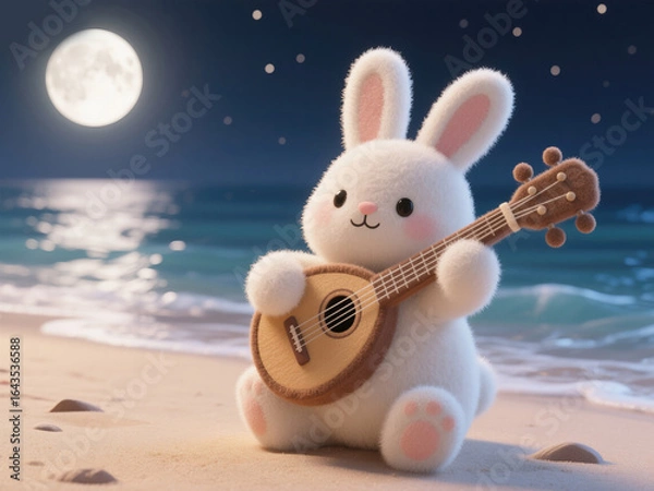 Obraz Enchanting Mid-Autumn Night: Adorable Rabbit Playing Pipa on Moonlit Beach. Creative 3D Illustration with Felt Texture for Commercial Backgrounds, Storytelling, and Cultural Celebrations. Whimsical De
