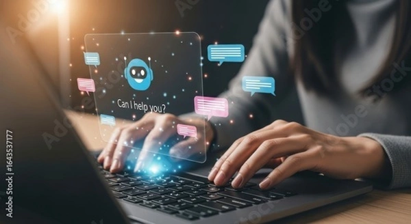 Fototapeta Person interacting with ai chatbot on laptop with digital interface