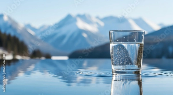 Fototapeta A glass of water resting on a reflective surface with mountains in the background on a sunny day
