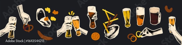 Fototapeta Trendy halftone collage elements set. Cut out hands holding glasses and beer mug and doodle snacks, pretzel, popcorn, cracker, french fries. Modern retro vector illustration for mixed media design