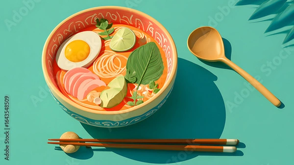 Fototapeta Vibrant Ramen Noodles Soup with Egg Avocado and Lime in a Colorful Bowl