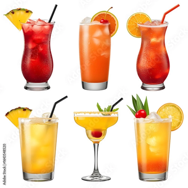 Fototapeta A set of tropical fruit cocktails in vibrant red, orange, and yellow hues. PNG set bundle, transparent isolated background. Mixology, bar menu cocktails, colorful vibrant refreshing drinks with pineap