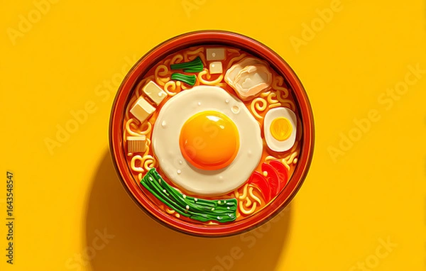Fototapeta Overhead View of a Bowl of Ramen Noodles with Fried Egg and Vegetables on Yellow Background