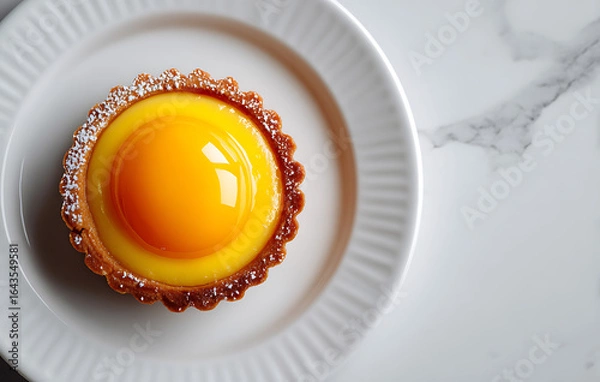 Fototapeta Overhead View of a Yellow Lemon Tart on a White Plate