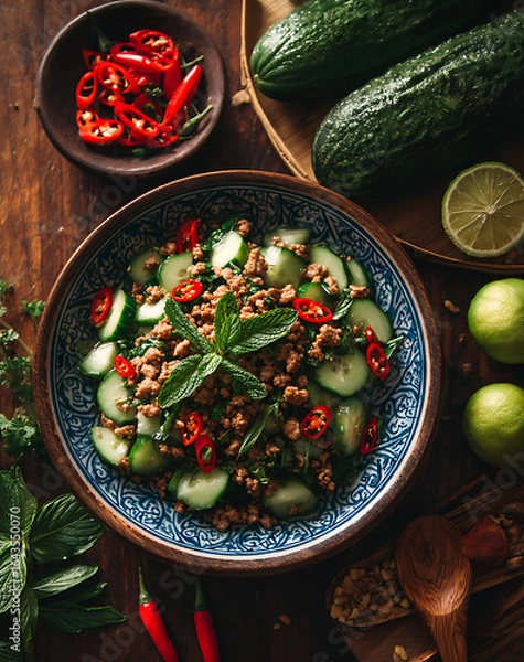 Fototapeta Overhead View of Spicy Ground Meat and Cucumber Salad
