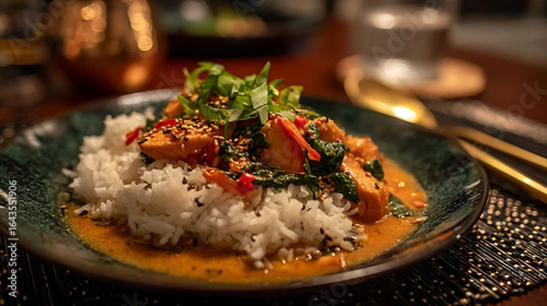 Fototapeta Closeup of Chicken and Spinach Stir Fry Served over Rice