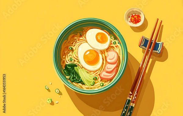 Fototapeta Overhead View of a Bowl of Noodles with Two Eggs, Chopsticks and Condiment on Yellow Background