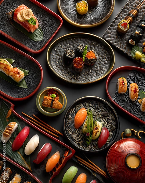 Fototapeta Varied Sushi Platter on Dark Background Overhead View of Japanese Cuisine