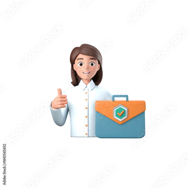 Fototapeta A businesswoman character showing a “thumbs up” gesture. Next to her is a two-color suitcase with a blue bottom and orange top, featuring a shield-shaped emblem with a check mark