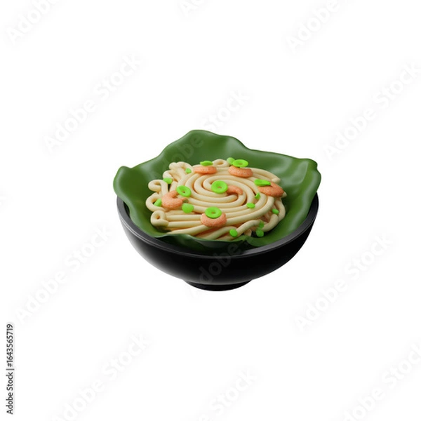 Fototapeta A stylized bowl of noodles presented atop a large green leaf, resting in a black bowl