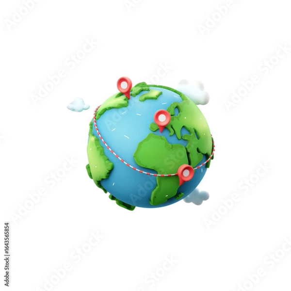 Fototapeta A globe with green continents and blue oceans. Red pins and a dotted line connecting some points are marked on the globe, symbolizing tracking and global financial transactions