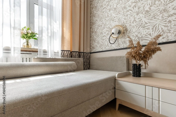 Fototapeta Closeup of Modern Guest Room with Soft Textures