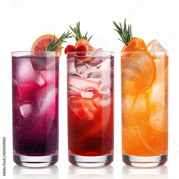 Fototapeta A bundle of rich ruby red, sparkling purple, and sunset-orange layered drinks. PNG set bundle, transparent isolated background. Mixology, bar menu cocktails, colorful vibrant refreshing drinks with gr