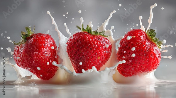 Fototapeta ミルクに踊る苺の躍動感
