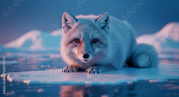 Fototapeta  Playful Arctic Fox at the Polar Edge: A Dreamlike Close-Up Amidst Shimmering Ice and Endless Frozen Waters