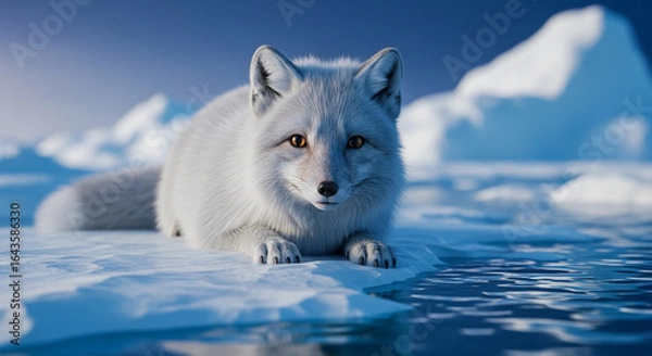 Fototapeta  Playful Arctic Fox at the Polar Edge: A Dreamlike Close-Up Amidst Shimmering Ice and Endless Frozen Waters