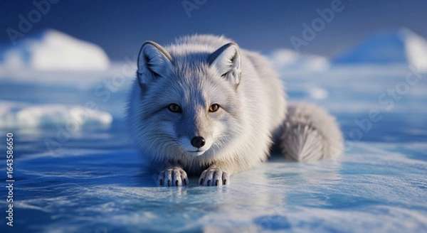 Fototapeta  Playful Arctic Fox at the Polar Edge: A Dreamlike Close-Up Amidst Shimmering Ice and Endless Frozen Waters