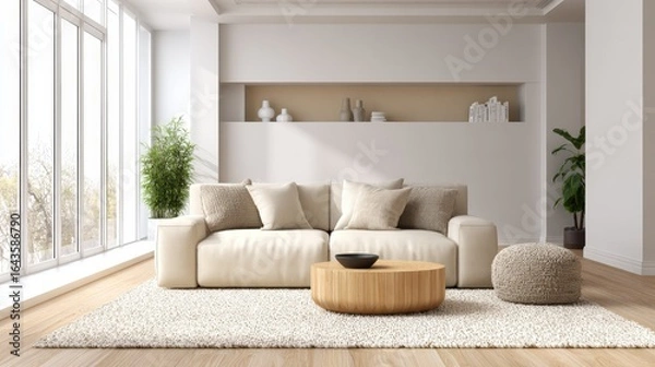 Fototapeta Modern living room with a neutral-toned sofa and clean lines, isolated on a white background