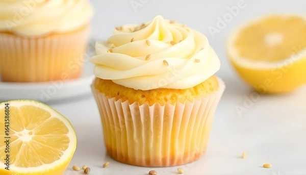 Fototapeta Lemon and Poppyseed Cupcake Bright and citrusy lemon cupcake fil